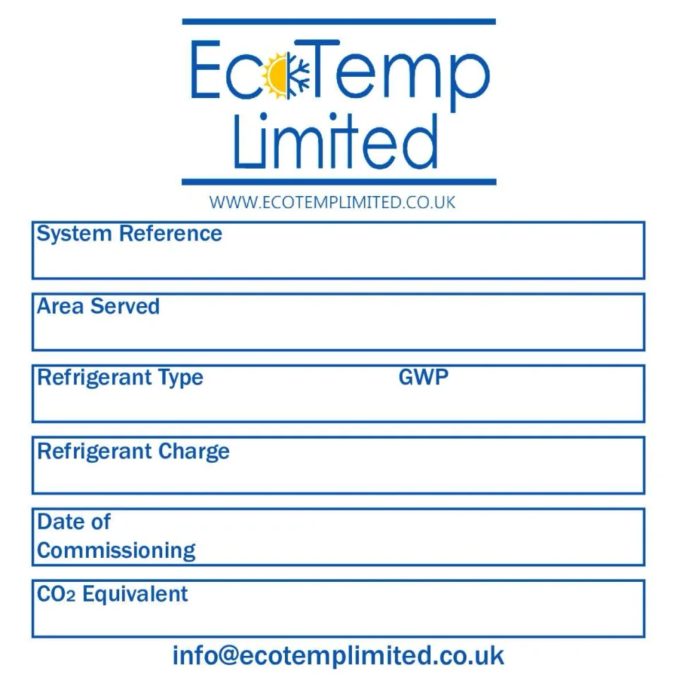 EcoTemp HVAC service-label artwork with fields for system and refrigerant information