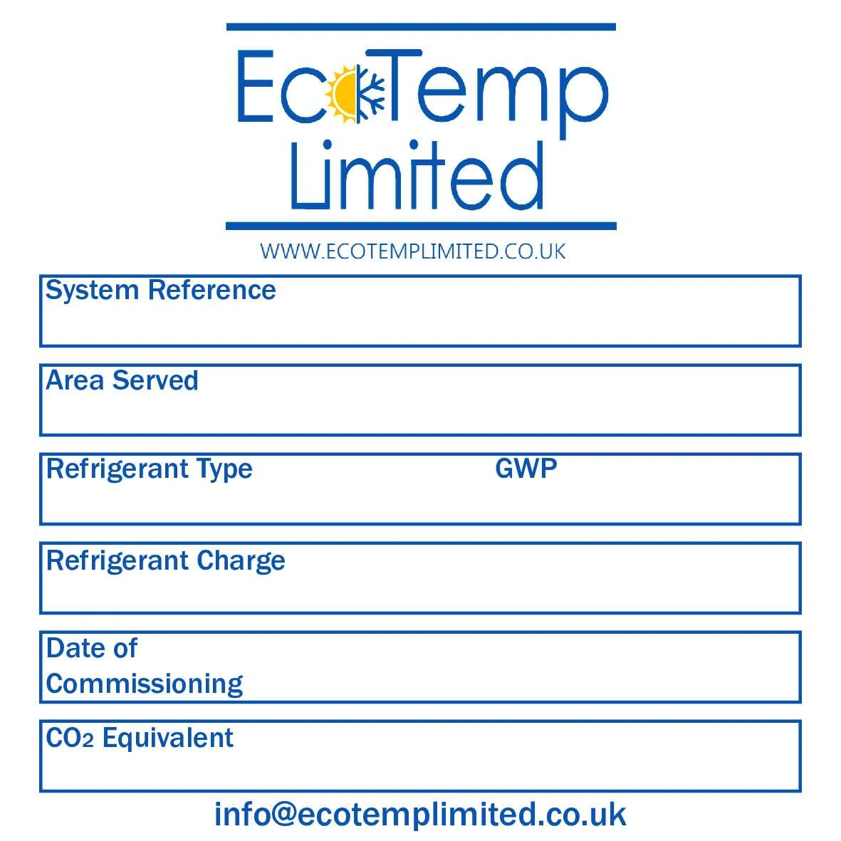 EcoTemp HVAC service-label artwork with fields for system and refrigerant information