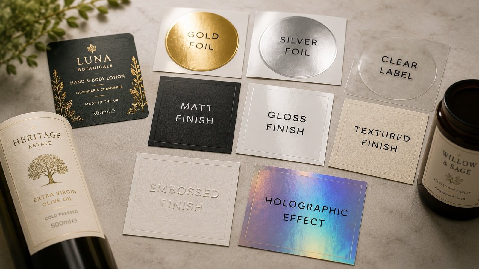 Label finish samples showing gold foil, silver foil, clear, matt, gloss, textured, embossed and holographic label options for UK product packaging