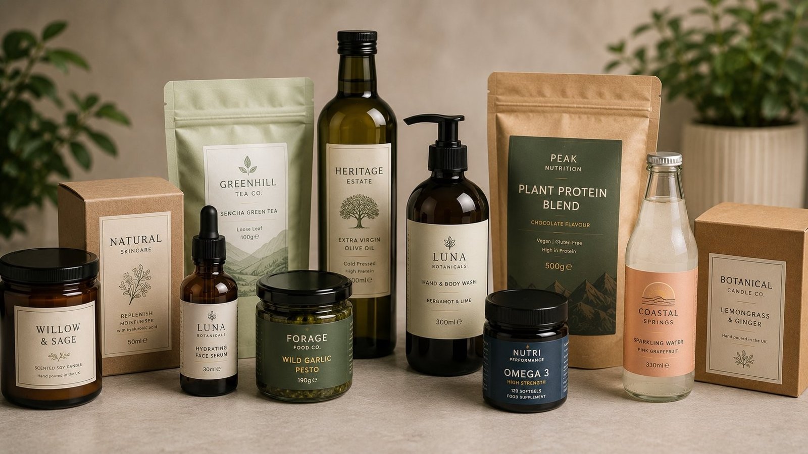 Custom branded product labels across UK industries including skincare, food, olive oil, supplements, drinks, candles and home fragrance