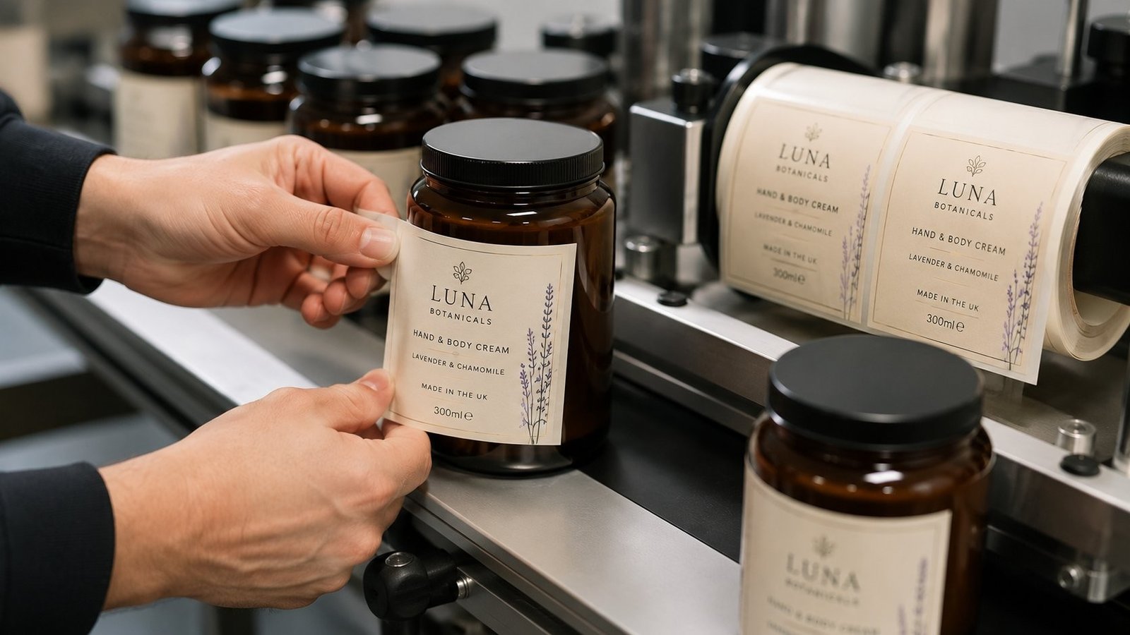Custom product label being applied to an amber glass jar on a production line with a roll of printed labels