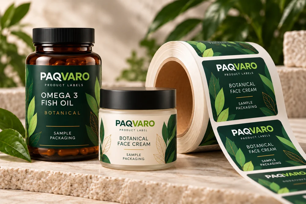 PAQVARO branded product-label concepts on a bottle, jar and printed label roll