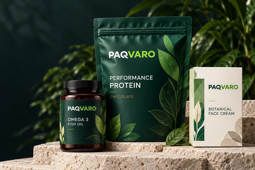 PAQVARO branded pouch, labelled bottle and product carton packaging concepts