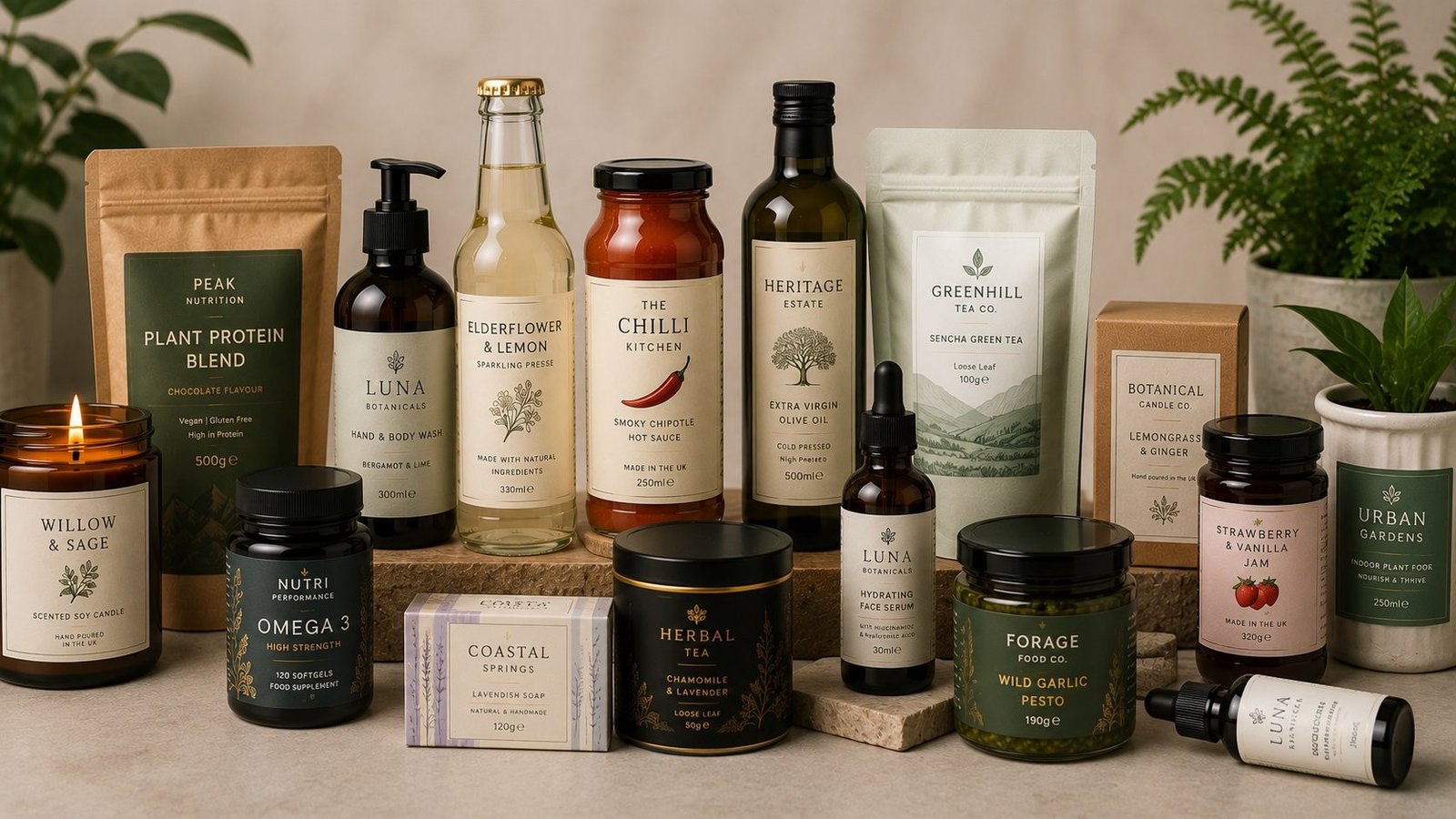 Range of custom branded product labels across food, drinks, cosmetics, supplements, candles and retail products for UK brands